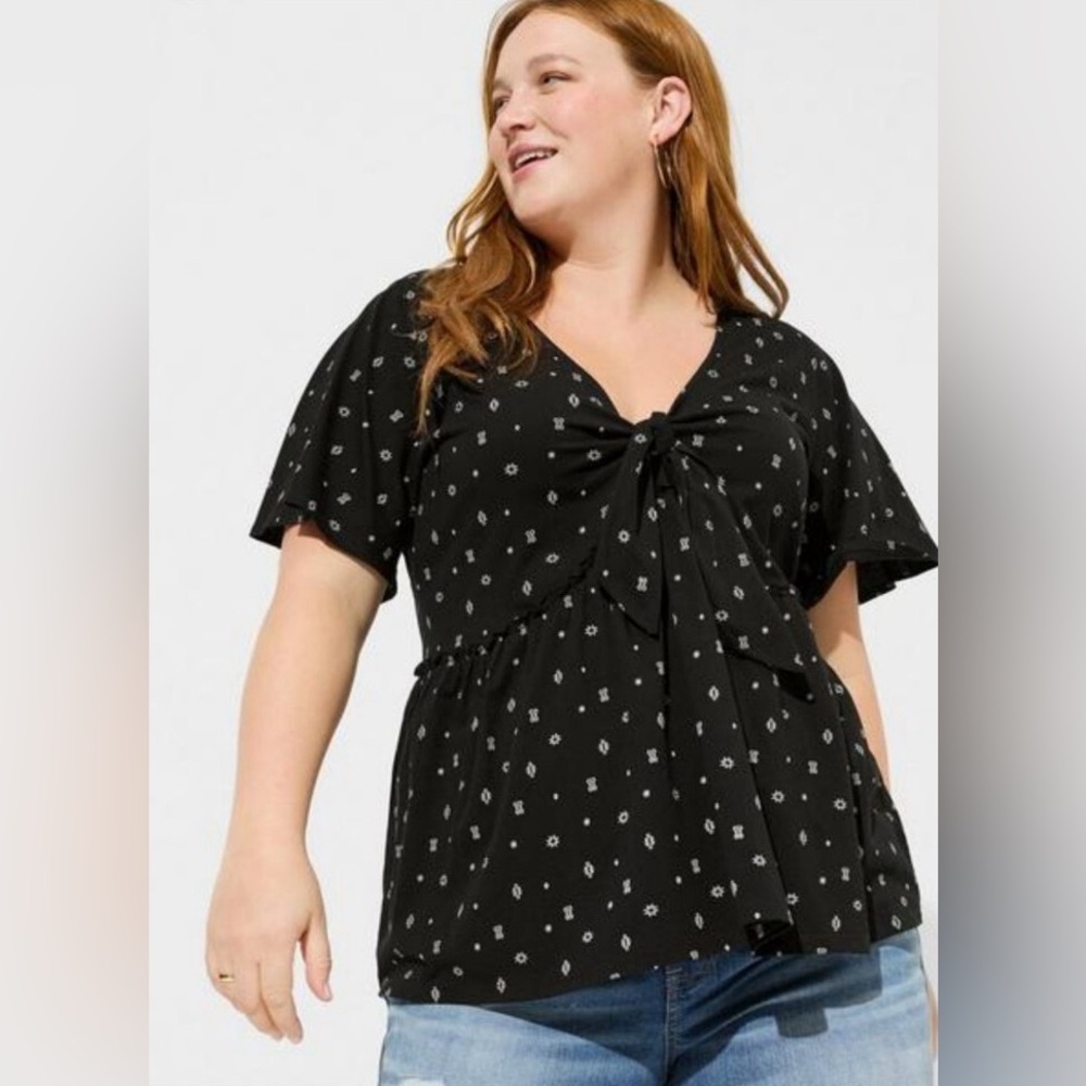 Torrid Vintage Cotton Jersey V-Neck Relaxed Tie Front Top